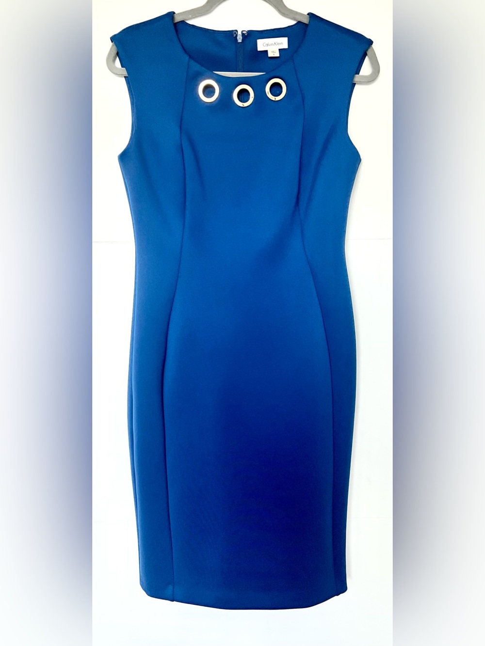 Calvin Klein Cobalt Blue Sheath Dress Size 6 Gold Ring Grommet Detail